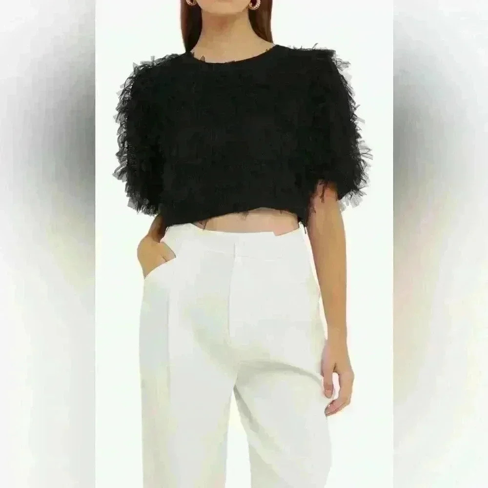 Endless Rose $90 Anthropologie Black Gridded Tulle Crop Top Blouse Bird‎ Feather